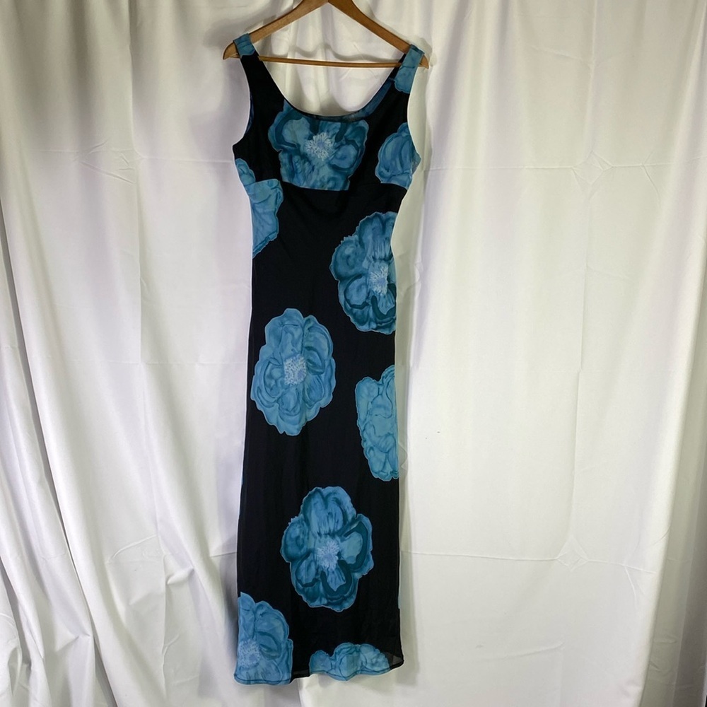 Cement vintage Black with blue floral‎ bustier Maxi dress.